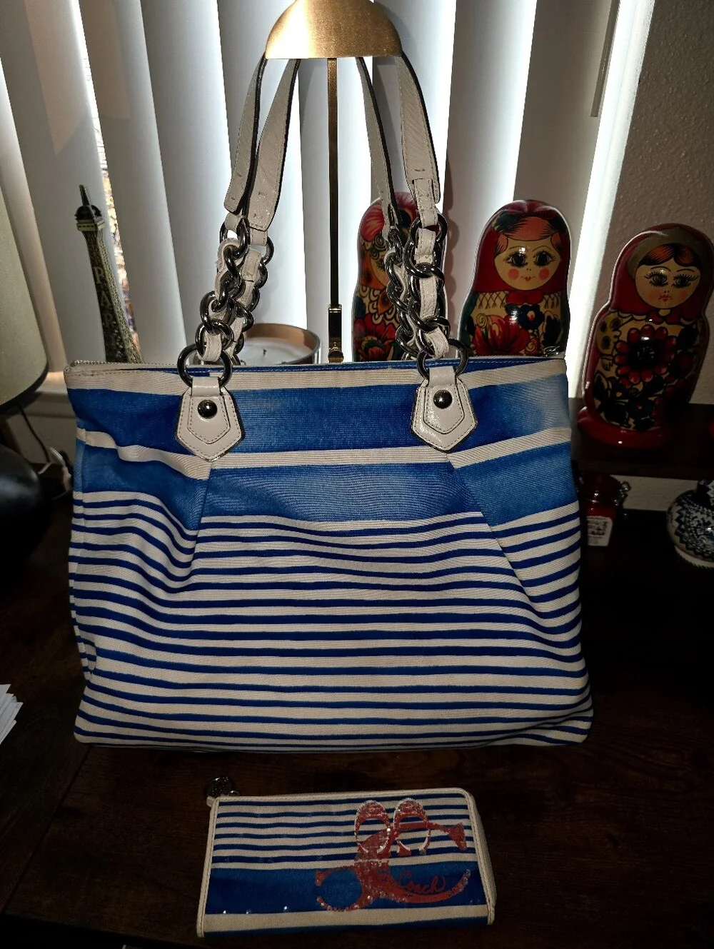 Coach Poppy Nautical Stripe Tote and Matching Wallet Set